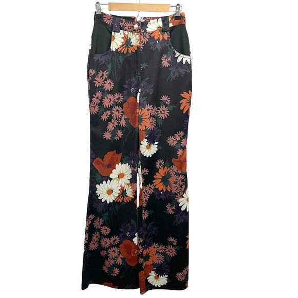 STAUD Austin Pants Size 4 Satin Floral Bloom Flares Black - Picture 3 of 16